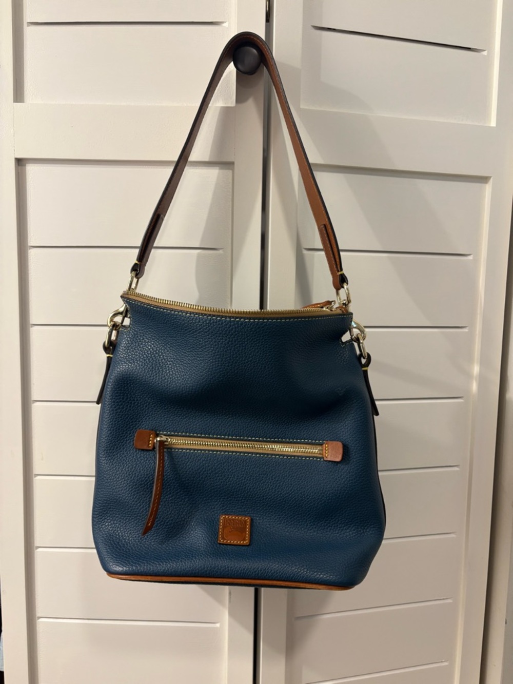 Dooney & Bourke Navy Blue Pebble Leather Shoulder Zip Sack